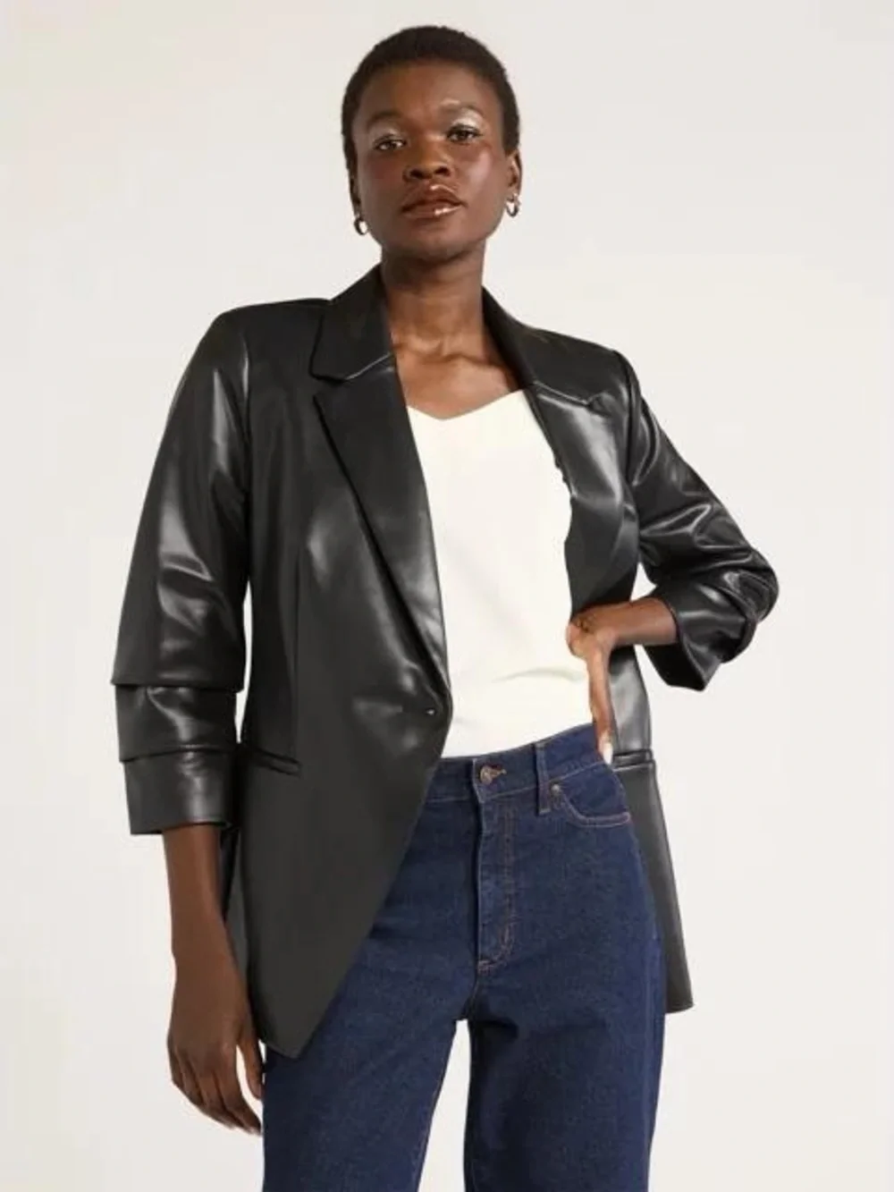 Scoop Women's Faux Leather Scrunch Sleeve One Button Blazer